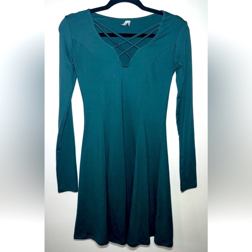 Y2K long sleeve fit flare cross cross neck skater dress turquoise long sleeve